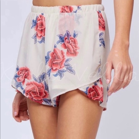 Peach Love California Pants - Peach Love California roses print Floral Chiffon Shorts ivory high waisted M